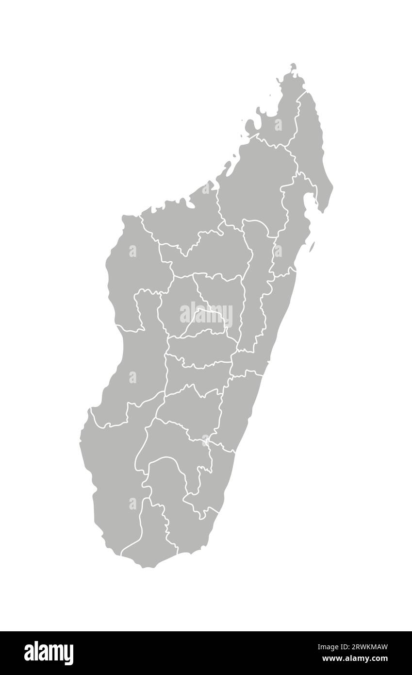 Illustrazione vettoriale isolata della mappa amministrativa semplificata del Madagascar. Confini delle regioni. Silhouette grigie. Contorno bianco. Illustrazione Vettoriale
