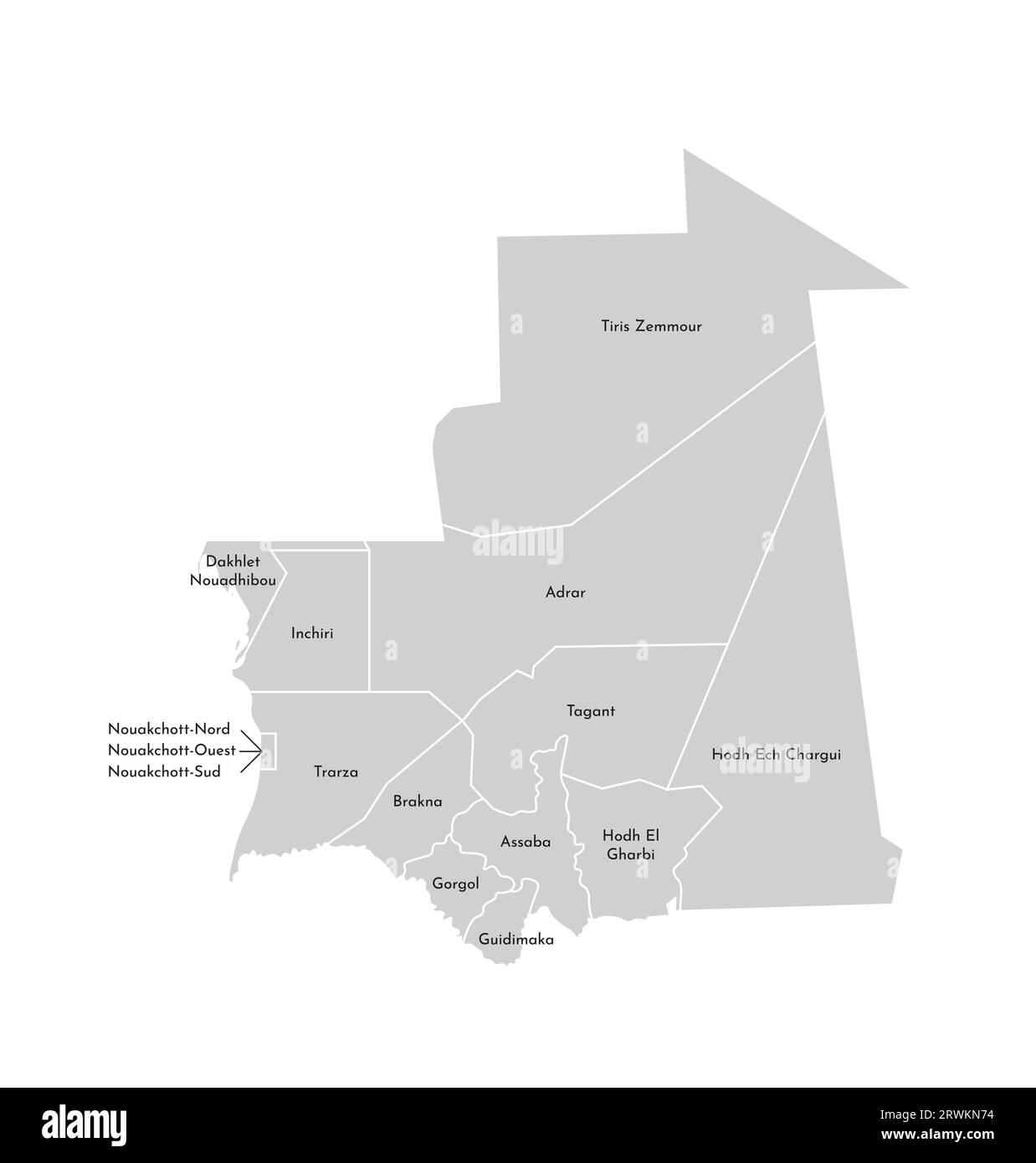 Illustrazione vettoriale isolata della mappa amministrativa semplificata della Mauritania. Confini e nomi delle regioni. Silhouette grigie. Contorno bianco. Illustrazione Vettoriale