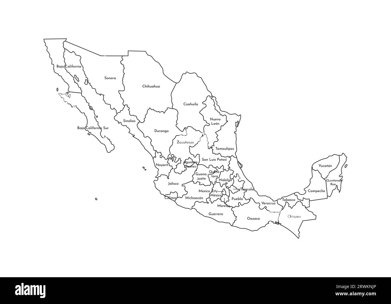 Illustrazione vettoriale isolata della mappa amministrativa semplificata del Messico (Stati Uniti messicani). Confini e nomi delle regioni. Silhouette nera Illustrazione Vettoriale