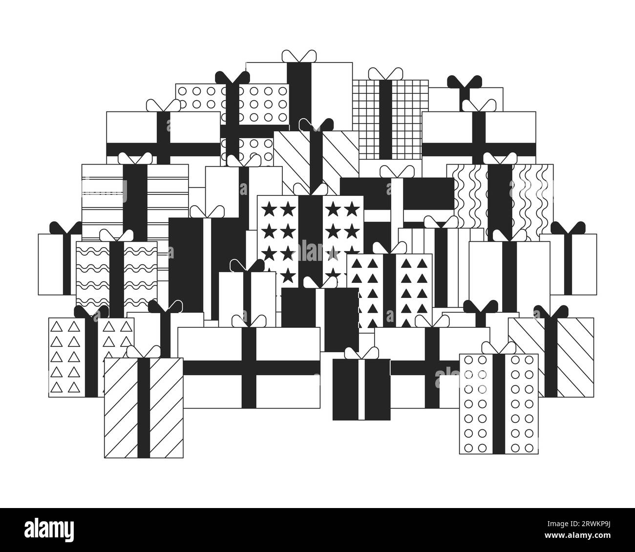 Un mucchio di regali per un oggetto cartoni animati in 2D in bianco e nero del Black friday Illustrazione Vettoriale