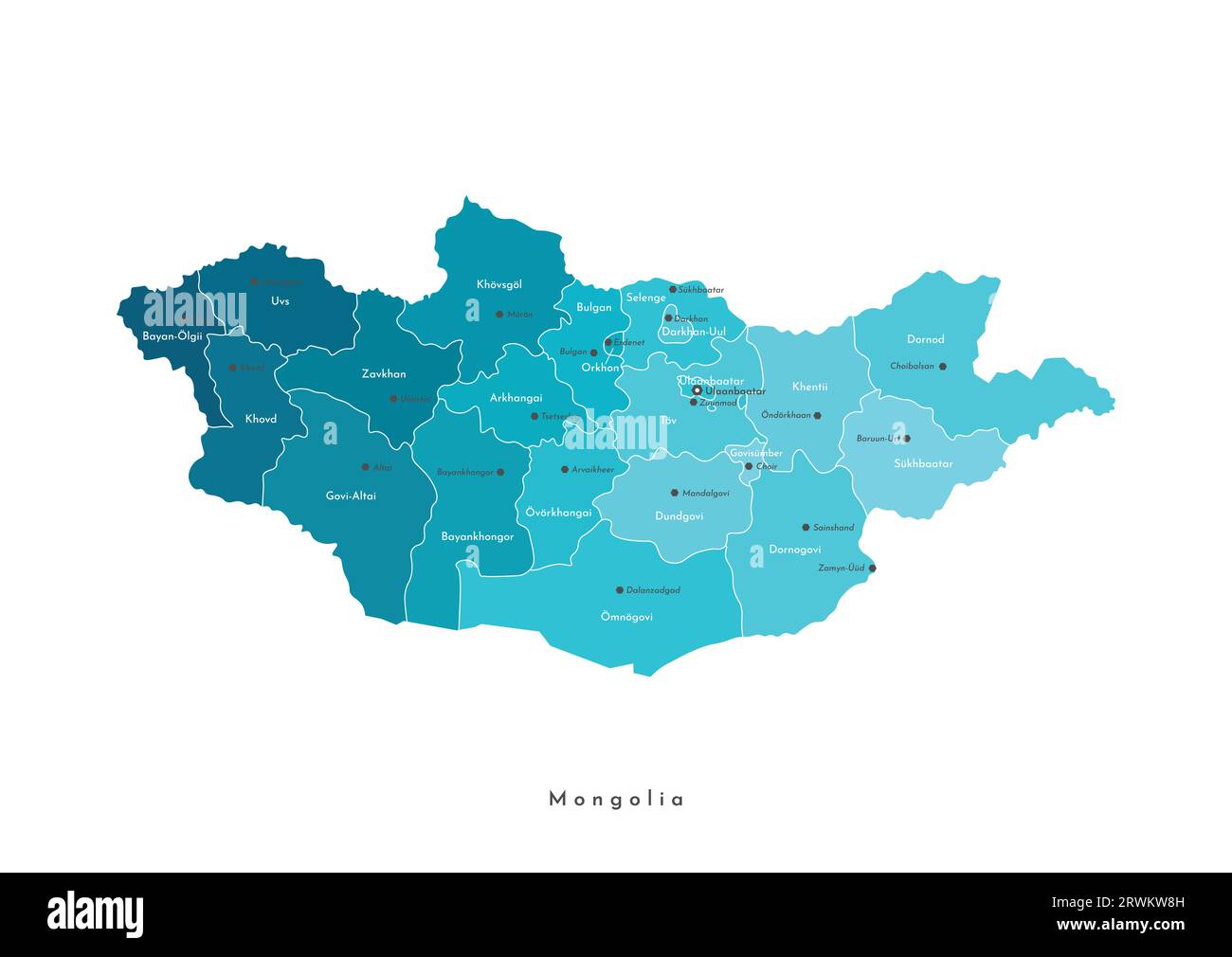 Illustrazione vettoriale moderna isolata. Mappa geografica semplificata della Mongolia. Nomi delle città e province mongole (aimags). Colori sfumati blu Illustrazione Vettoriale