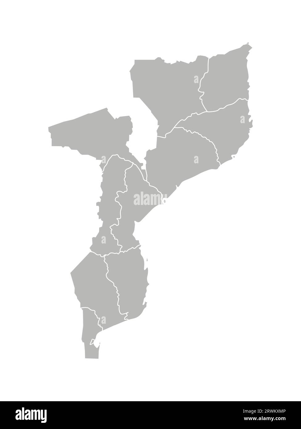 Illustrazione vettoriale isolata della mappa amministrativa semplificata del Mozambico. Confini delle province (regioni). Silhouette grigie. Contorno bianco. Illustrazione Vettoriale