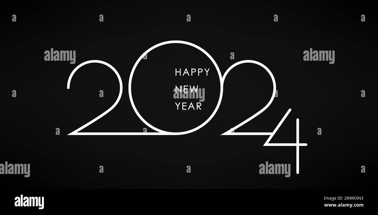 Design del biglietto d'auguri per felice anno nuovo 2024. Scritta Happy New Year 2024 bianca su sfondo nero. Numeri in bianco e nero per testo creativo natalizio. Vect Illustrazione Vettoriale