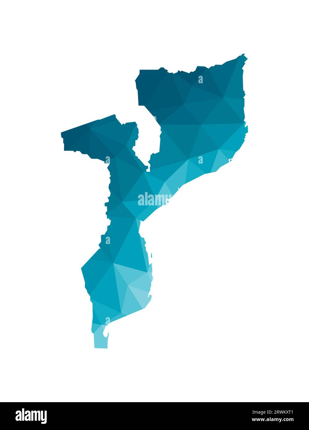 Icona di illustrazione vettoriale isolata con sagoma blu semplificata della mappa della Repubblica del Mozambico. Stile geometrico poligonale, forme triangolari. B bianco Illustrazione Vettoriale