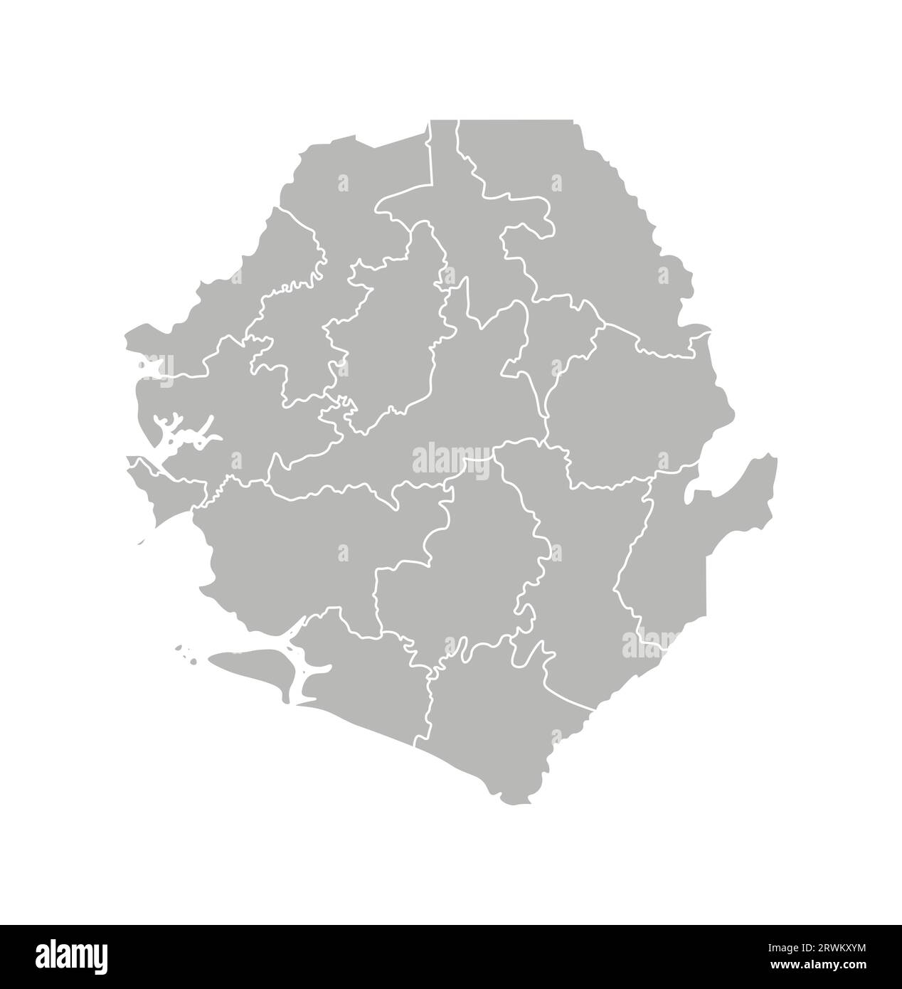 Illustrazione vettoriale isolata della mappa amministrativa semplificata della Sierra Leone. Confini dei distretti (regioni). Silhouette grigie. Contorno bianco. Illustrazione Vettoriale