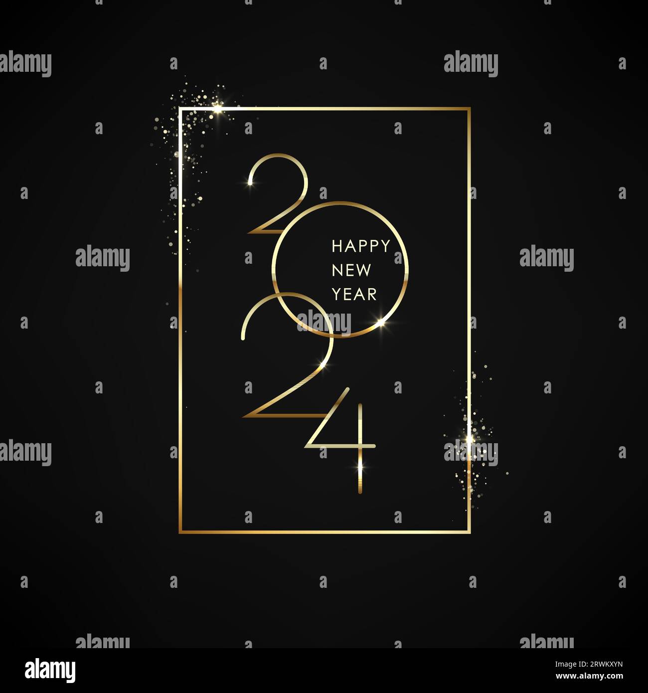 Scritta Gold Happy New Year 2024. Biglietto d'auguri natalizio con cornice dorata e testo all'interno. Illustrazione vettoriale Illustrazione Vettoriale