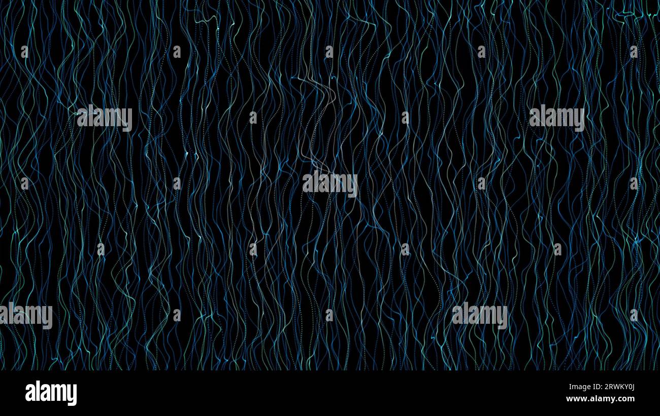 Un flusso verticale di fili blu striscianti su sfondo nero. Fenomeno cosmico. Mescolare le filettature ondulate in un movimento dinamico irregolare. Flusso regolare. 3D. Foto Stock