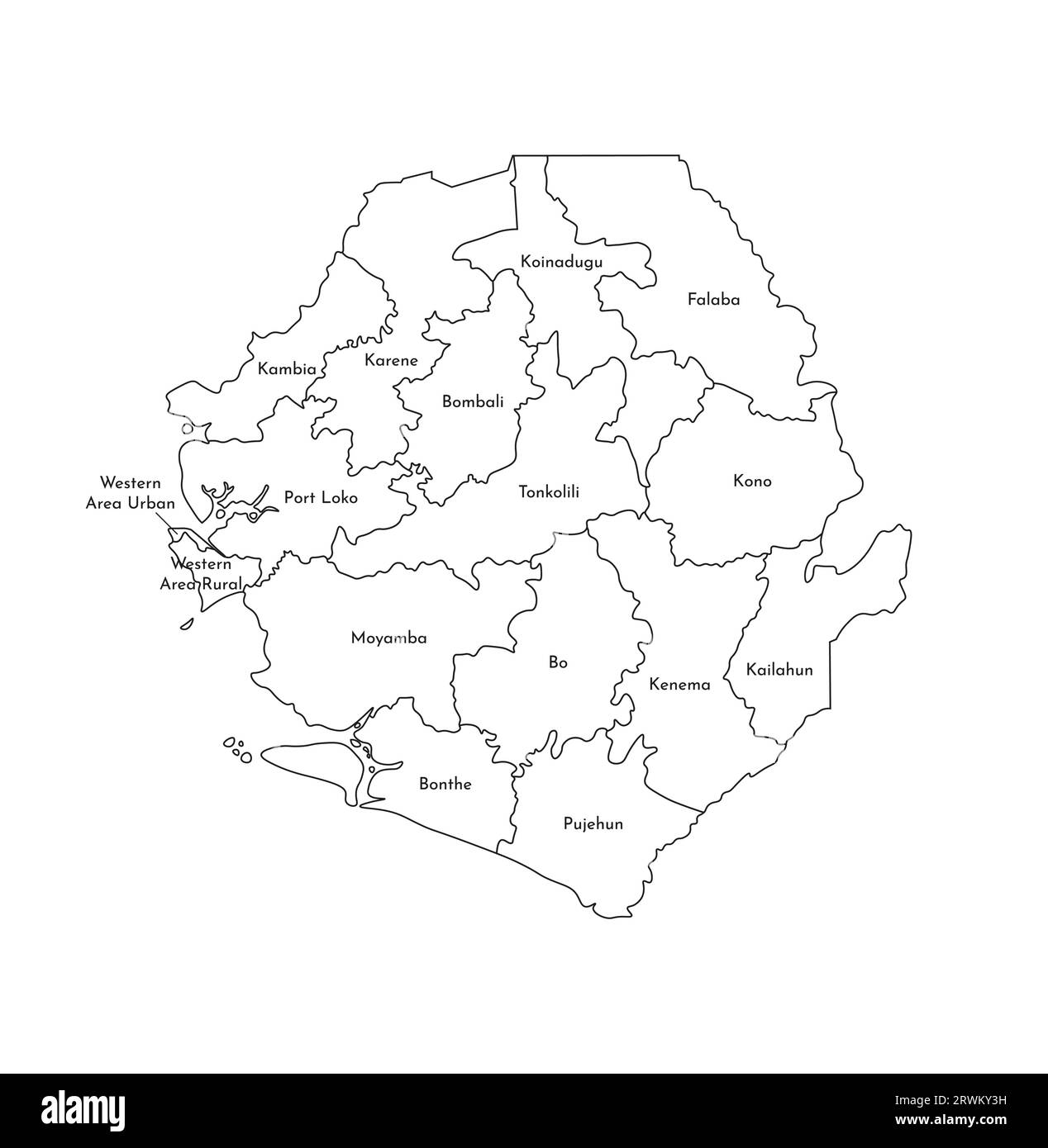 Illustrazione vettoriale isolata della mappa amministrativa semplificata della Sierra Leone. Confini e nomi dei distretti (regioni). Silhouette nere. Illustrazione Vettoriale