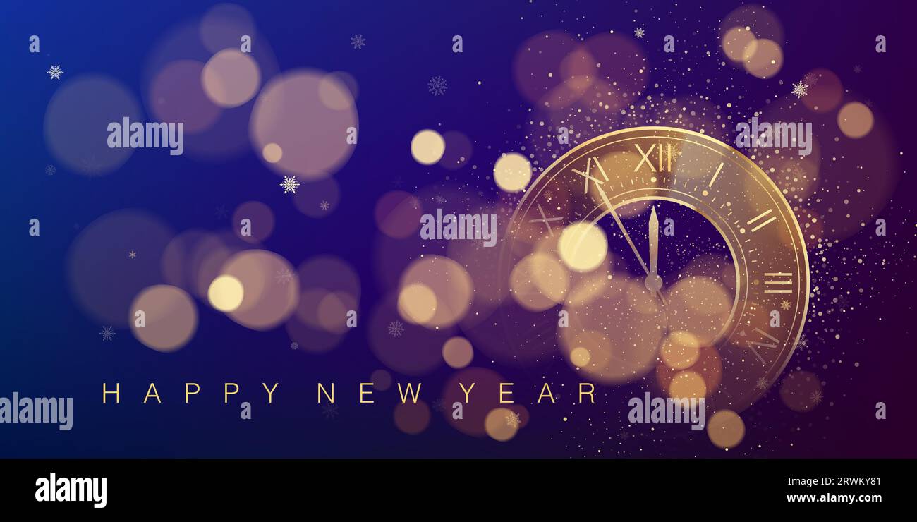 Orologio con conto alla rovescia per l'anno nuovo con scintillante cielo di mezzanotte con sfocatura e bokeh. Sfondo festivo astratto viola e blu scuro. Concetto di Capodanno. DeCe Illustrazione Vettoriale