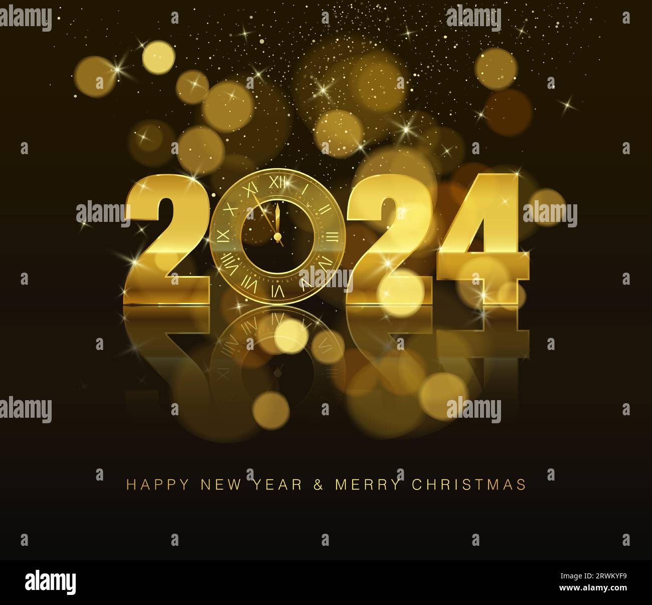 Banner per le vacanze di Capodanno. Orologio con conto alla rovescia di Capodanno con numeri oro 2024 con effetto bokeh e riflesso. Sfondo festivo astratto. Illust vettoriale Illustrazione Vettoriale