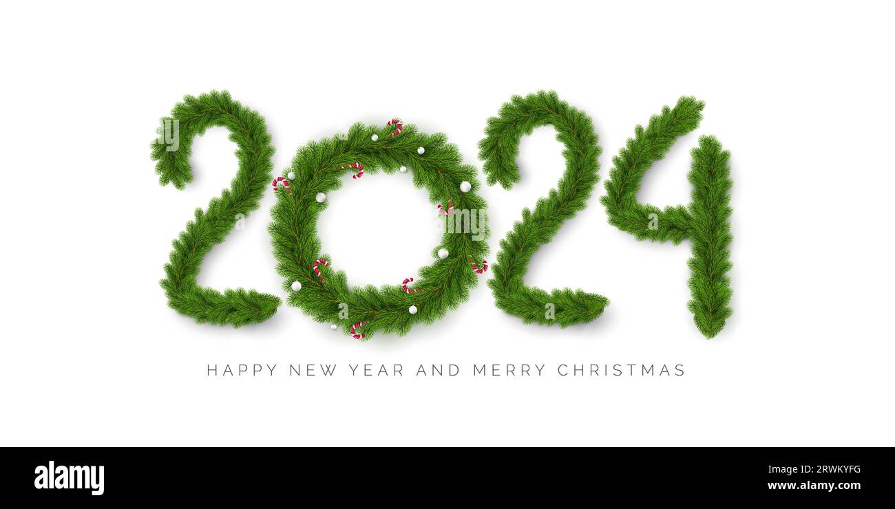 Buon anno nuovo 2024 e buon Natale. 2024 lettere con rametto di abete rosso e corona di Natale invece zero con palle di Natale e lecca lecca. Illust vettoriale Illustrazione Vettoriale