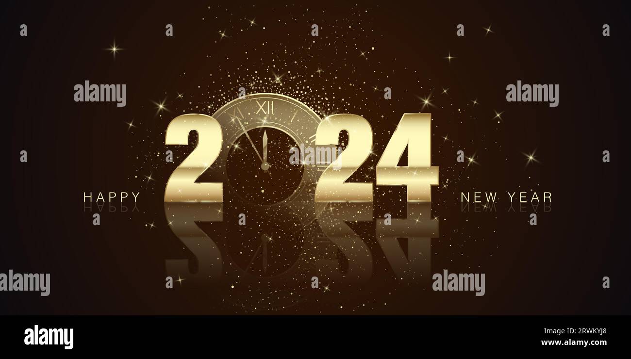 Buon anno e buon Natale. Testo d'oro 2024 con conto alla rovescia dell'orologio invece di zero. Design del biglietto d'auguri per le festività. Illustrazione vettoriale Illustrazione Vettoriale