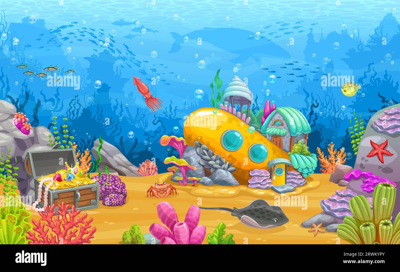 Casa sottomarina sommersa e tesoro nel paesaggio sottomarino, vettore di cartoni animati. Casa sottomarina da favola in un batiscaphe sommerso nel profondo oceano con pesci, balene e pastinache con stelle marine Illustrazione Vettoriale