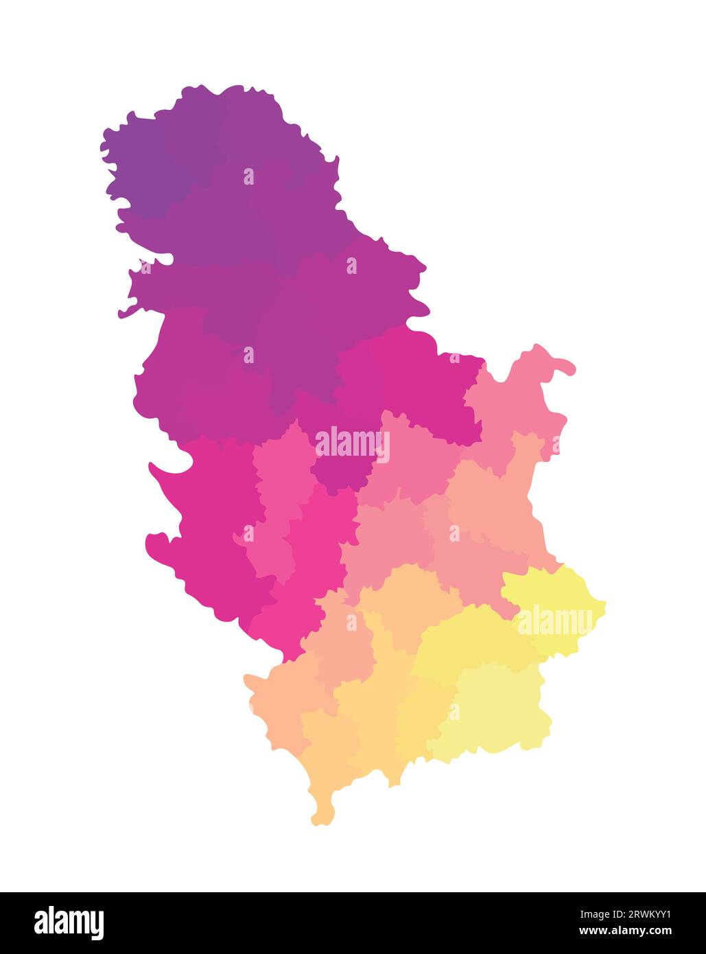 Illustrazione vettoriale isolata della mappa amministrativa semplificata della Serbia. Confini dei distretti. Silhouette multicolore. Illustrazione Vettoriale