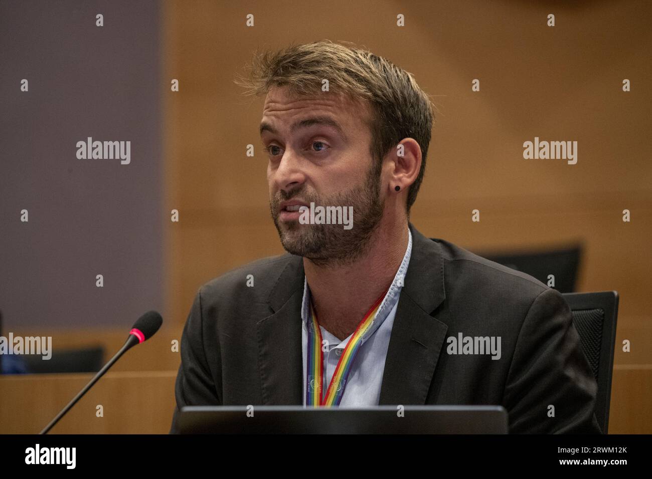 Bruxelles, Belgio. 20 settembre 2023. Simon Moutquin di Ecolo raffigurato durante una sessione della commissione per gli affari interni della camera con scambio di opinioni con il Segretario di Stato sulla sospensione dell'accoglienza di uomini singoli, martedì 13 giugno 2023 al parlamento federale di Bruxelles. BELGA PHOTO ERIC LALMAND Credit: Belga News Agency/Alamy Live News Foto Stock