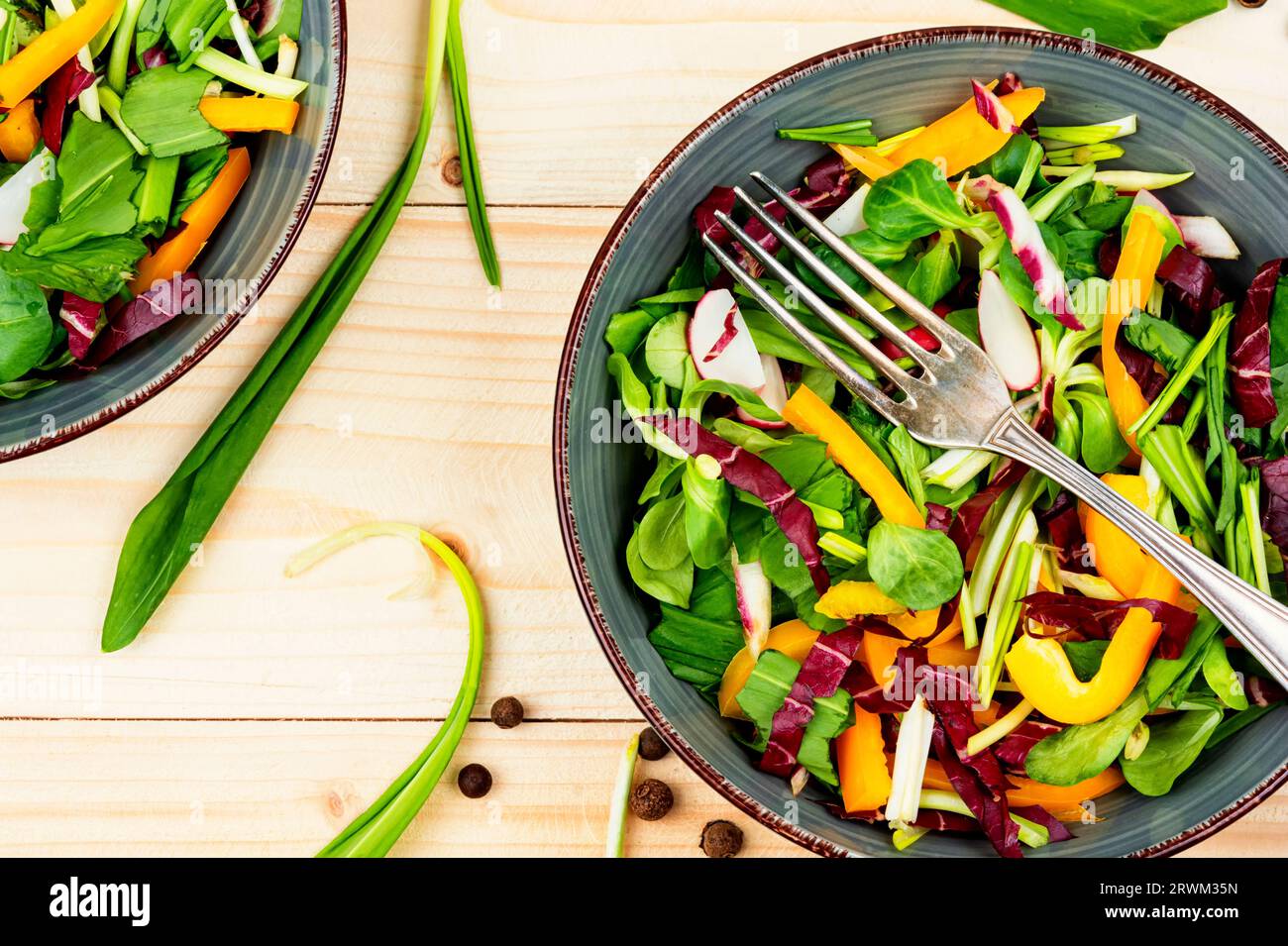 Insalata verde cruda con verdure e porro d'orso o aglio selvatico. Insalata di un ramson Foto Stock