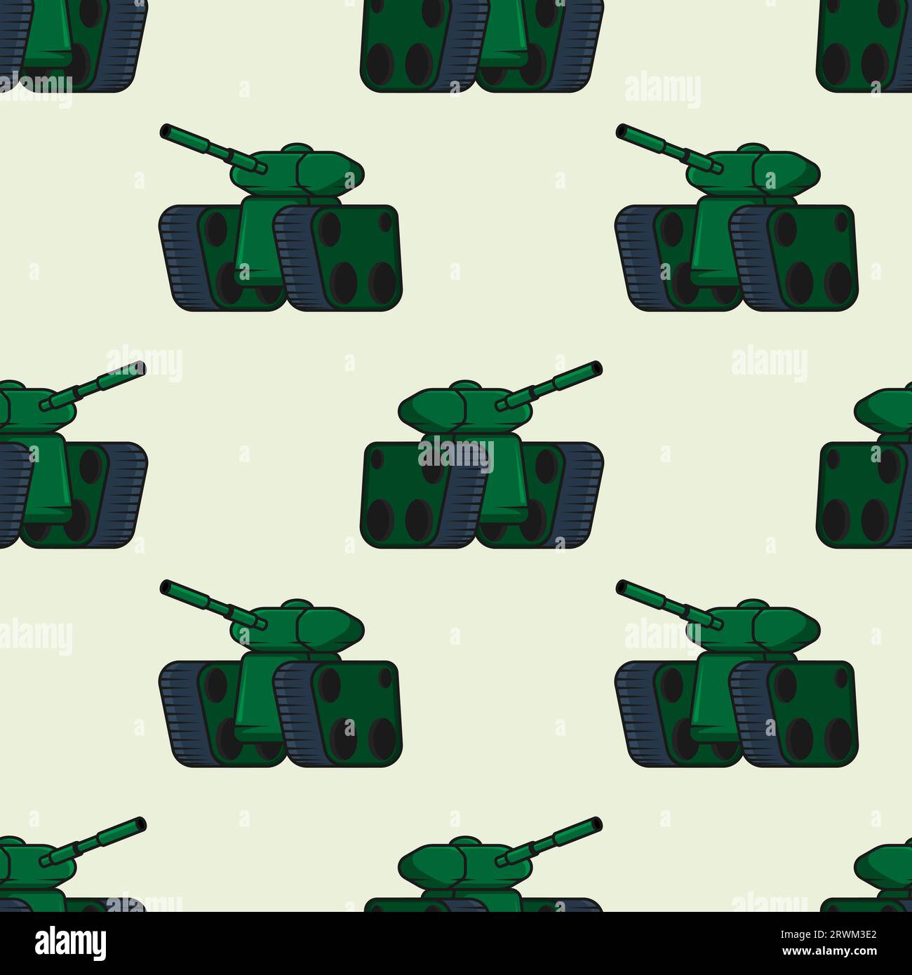 Modello senza cuciture con carro armato da combattimento con colorazione verde e canna lunga. Ornamento per decorazione e stampa su tessuto e carta da imballaggio. D Illustrazione Vettoriale