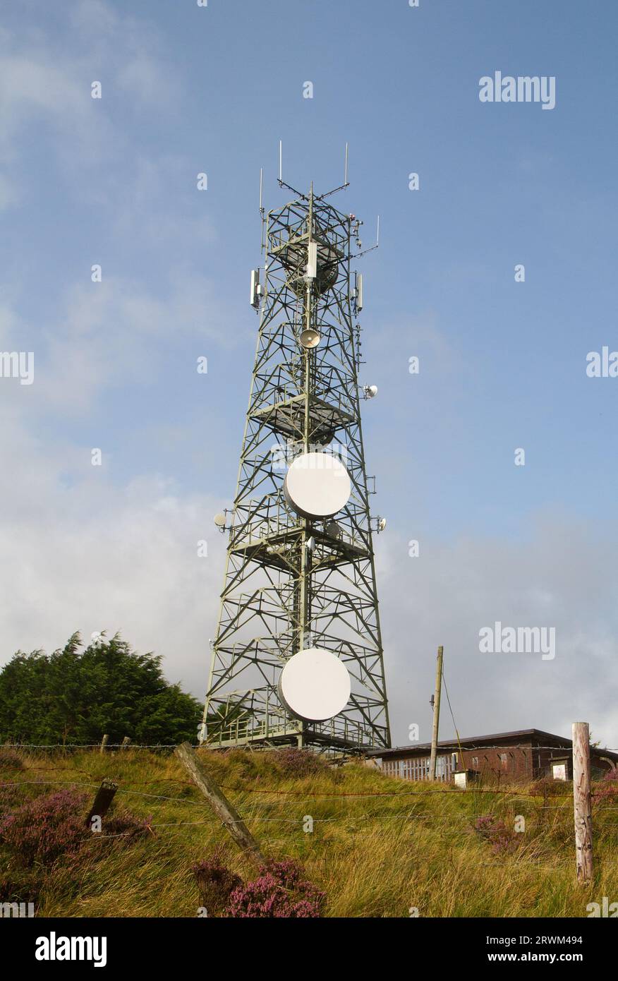 Torre delle telecomunicazioni su una collina, erica e filo spinato in primo piano Foto Stock