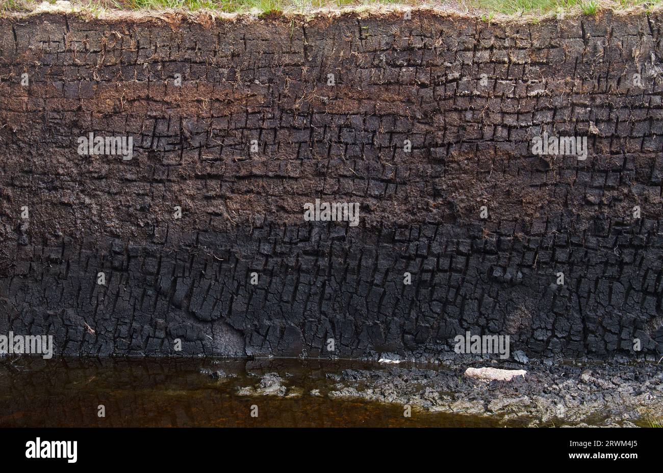 Fondo organico: Pila di blocchi di torba, tagliati di fresco Foto Stock