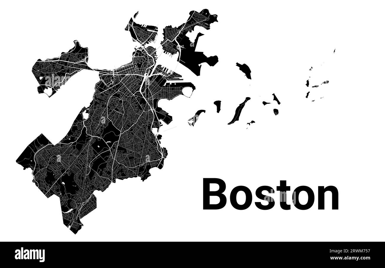 Mappa della città di Boston, Stati Uniti. Confini amministrativi comunali, mappa dell'area bianca e nera con fiumi e strade, parchi e ferrovie. Illustrazione vettoriale Illustrazione Vettoriale