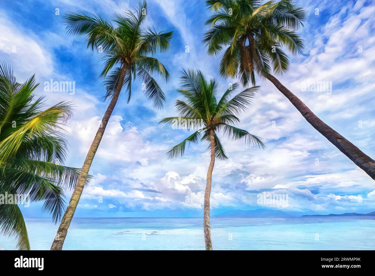 Vista ad angolo basso di palme da cocco ondeggianti con nuvole modeste e acque turchesi sullo sfondo, sull'isola di Mindoro, Filippine. Foto Stock
