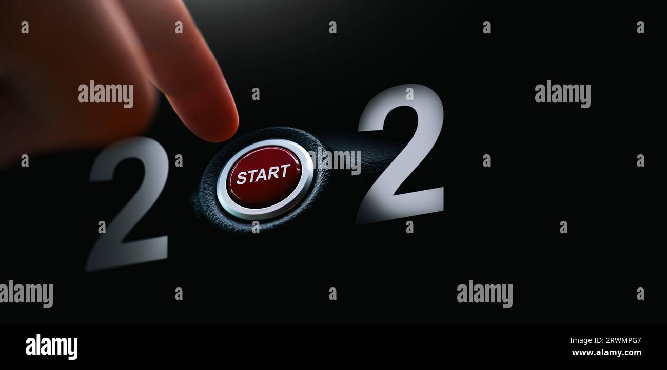 Concetto di inizio e cambiamento del nuovo anno, mano premendo il pulsante rosso START per cambiare l'anno, premere per modificare manualmente i numeri. Foto Stock