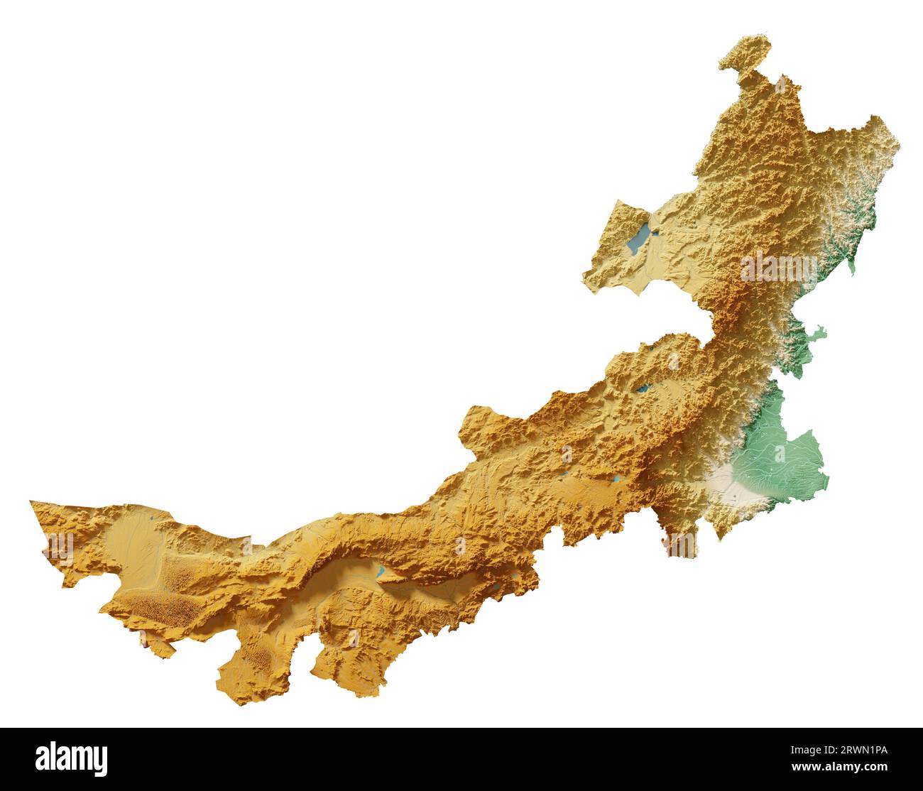 Mongolia interna. Una regione autonoma della Cina. Rendering 3D di una mappa di rilievo ombreggiata, fiumi, laghi. Colorato in base all'elevazione. Sfondo bianco puro. Foto Stock