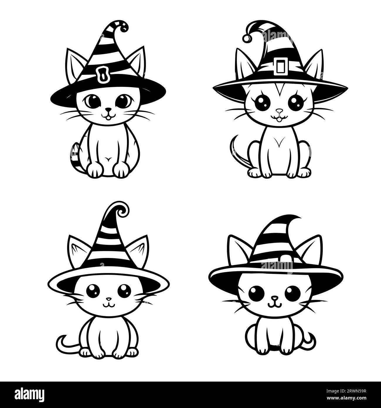 Gatto di Halloween per il libro da colorare. Line art design per pagina da colorare per bambini. Colorazione del contorno della pagina del cartone animato. Imposta Illustrazione Vettoriale