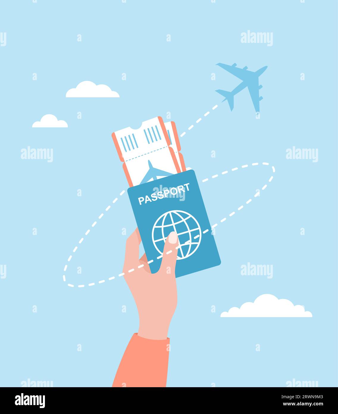 Una mano con un passaporto e biglietti aerei e un aereo che vola su uno sfondo blu nuvoloso. Illustrazione del vettore piatto Illustrazione Vettoriale