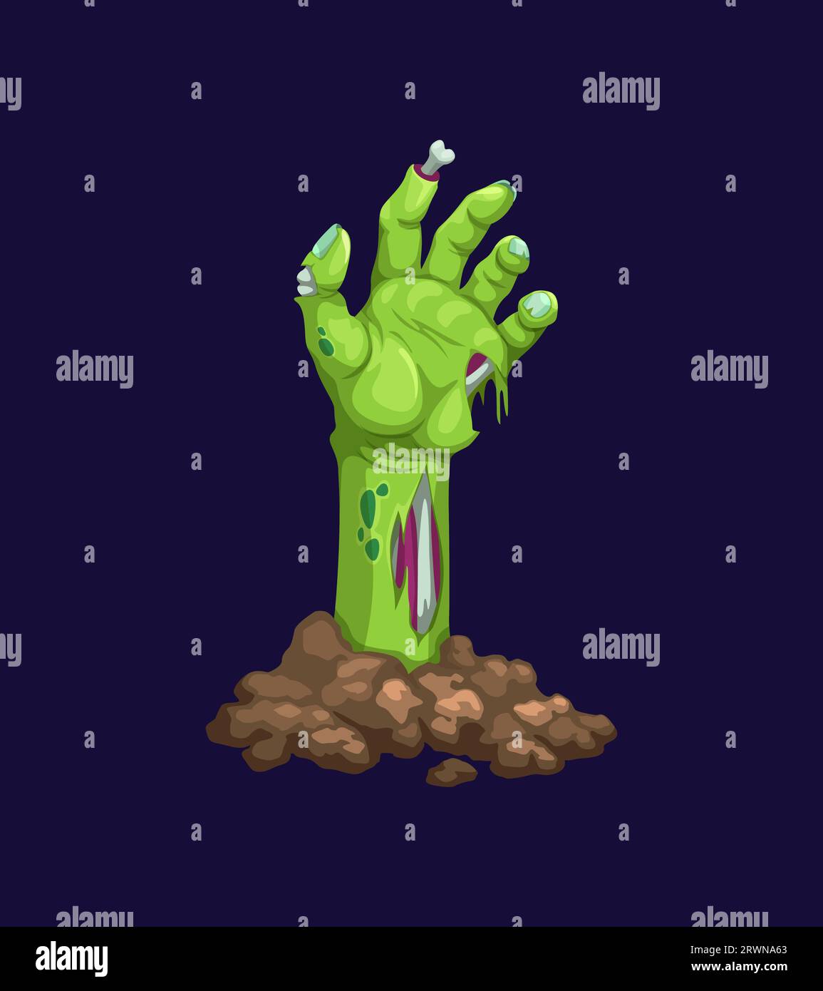 Mano zombie dalla tomba, corpo horror di Halloween o braccio mostro morto, vettore di cartoni animati. Una mano verde marcio di zombie che si allunga dalla tomba con ossa e unghie per il simbolo spaventoso delle vacanze Illustrazione Vettoriale