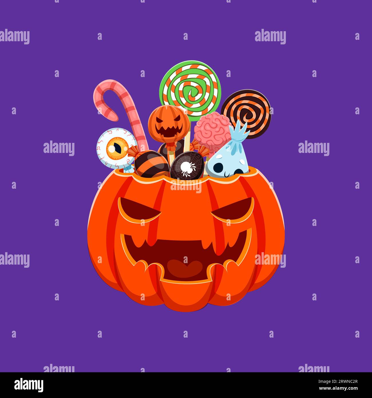 Dolci di Halloween in zucca. Deliziose delizie vettoriali racchiuse in un secchio di jack lanterna intagliato. Lecca-lecca, canne di caramelle e cioccolato creano una sorpresa festosa e gustosa per le feste stagionali Illustrazione Vettoriale