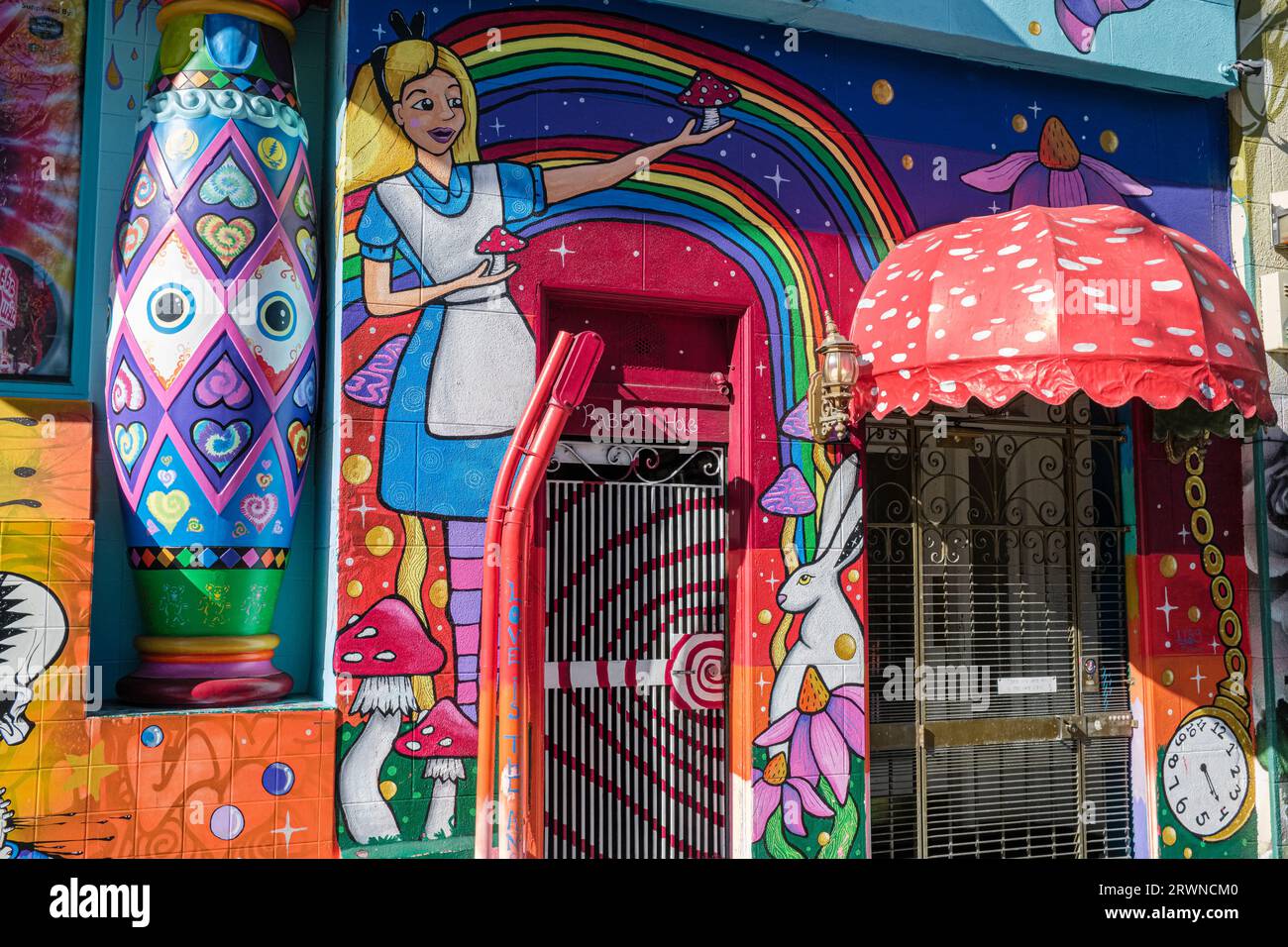 I murales a tema Alice on Wonderland decorano il negozio "Jammin on Haight" nel quartiere Haight Ashbury di San Francisco, California, USA Foto Stock