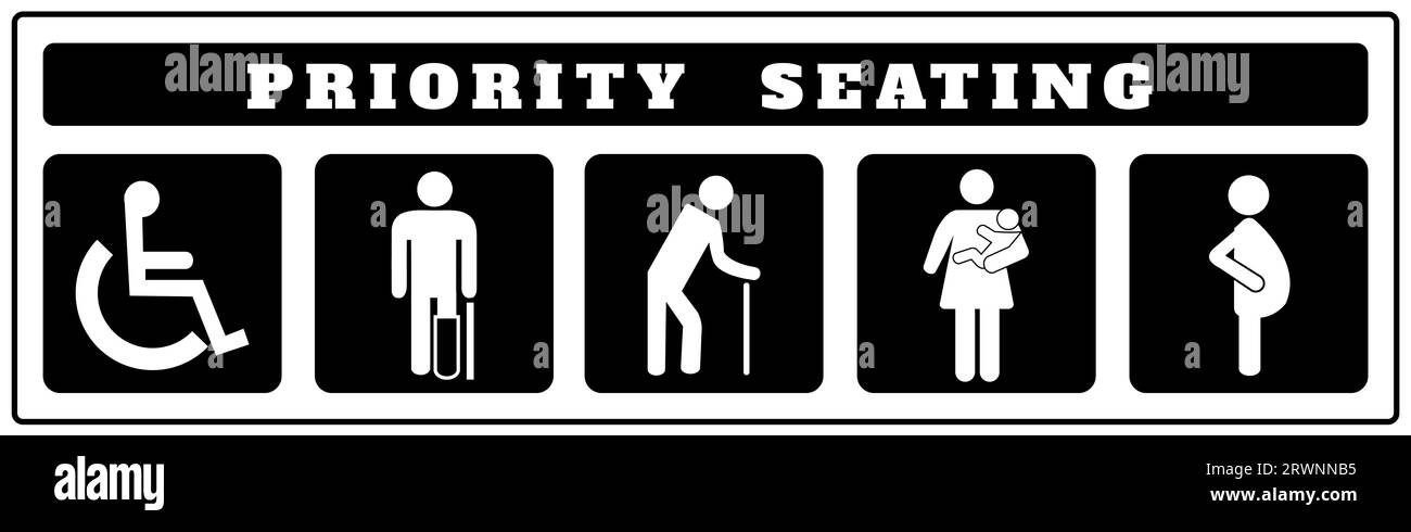 Icone dei posti a sedere prioritari per adesivo su sfondo nero, Disabilita, passeggero anziano, passeggero, gravidanza, vecchio, donna con bambino Foto Stock