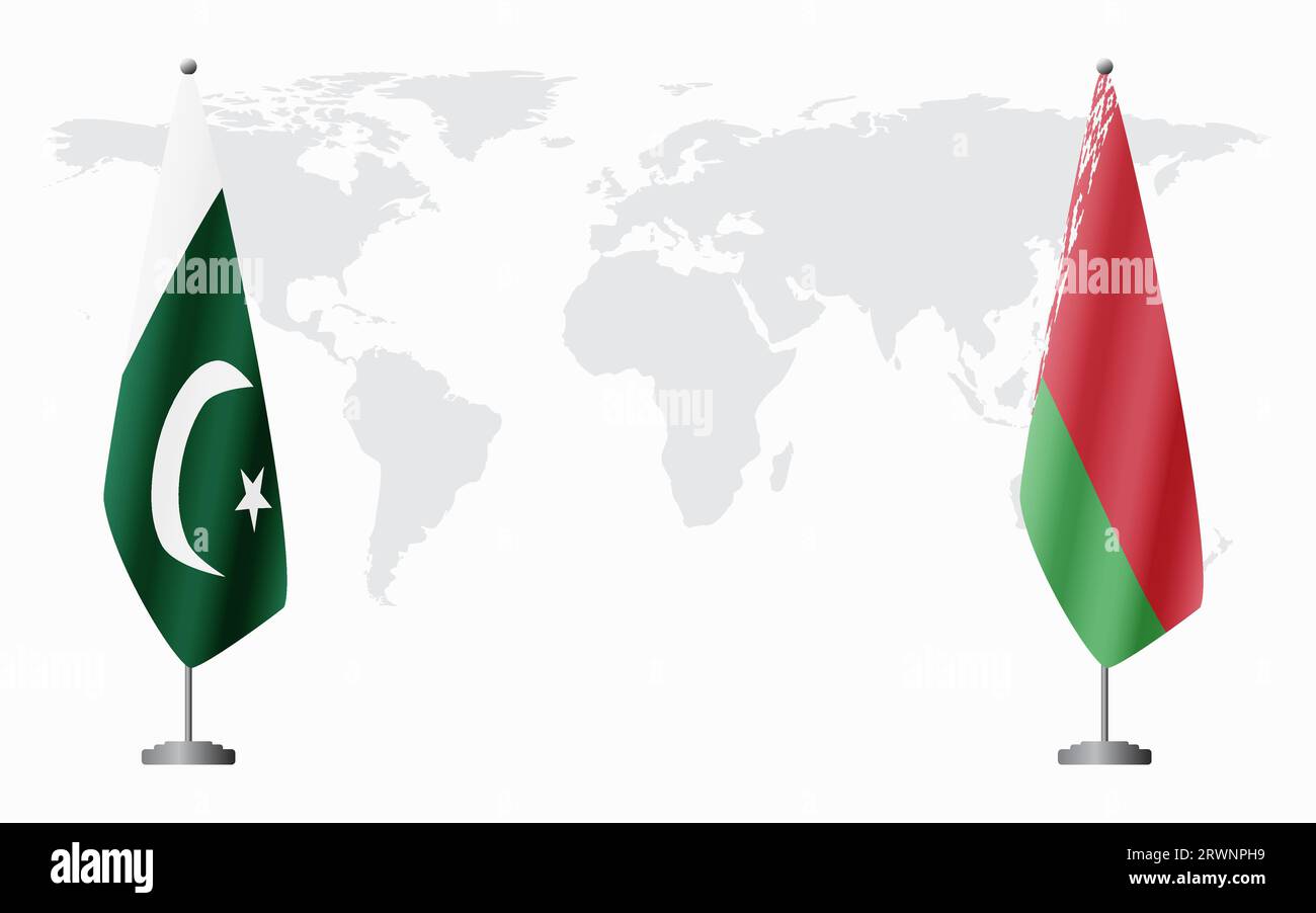 Bandiere pakistane e bielorusse per un incontro ufficiale sullo sfondo della mappa mondiale. Illustrazione Vettoriale