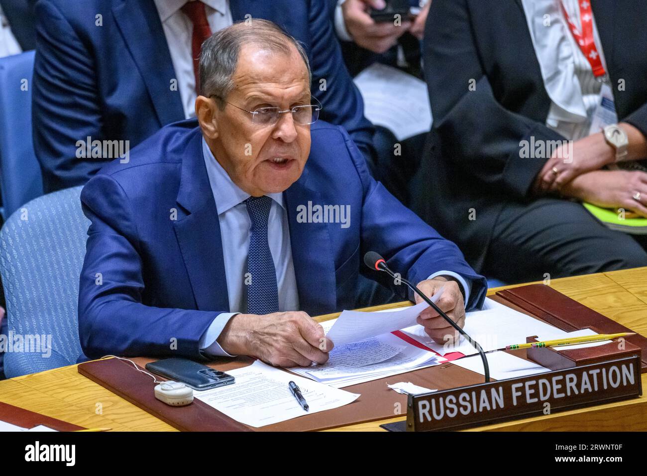 New York, USA. 20 settembre 2023. Il ministro degli Esteri russo Sergei Lavrov si rivolge a una sessione speciale del Consiglio di sicurezza delle Nazioni Unite durante la 78a Assemblea generale delle Nazioni Unite presso la sede delle Nazioni Unite. Crediti: Enrique Shore/Alamy Live News Foto Stock
