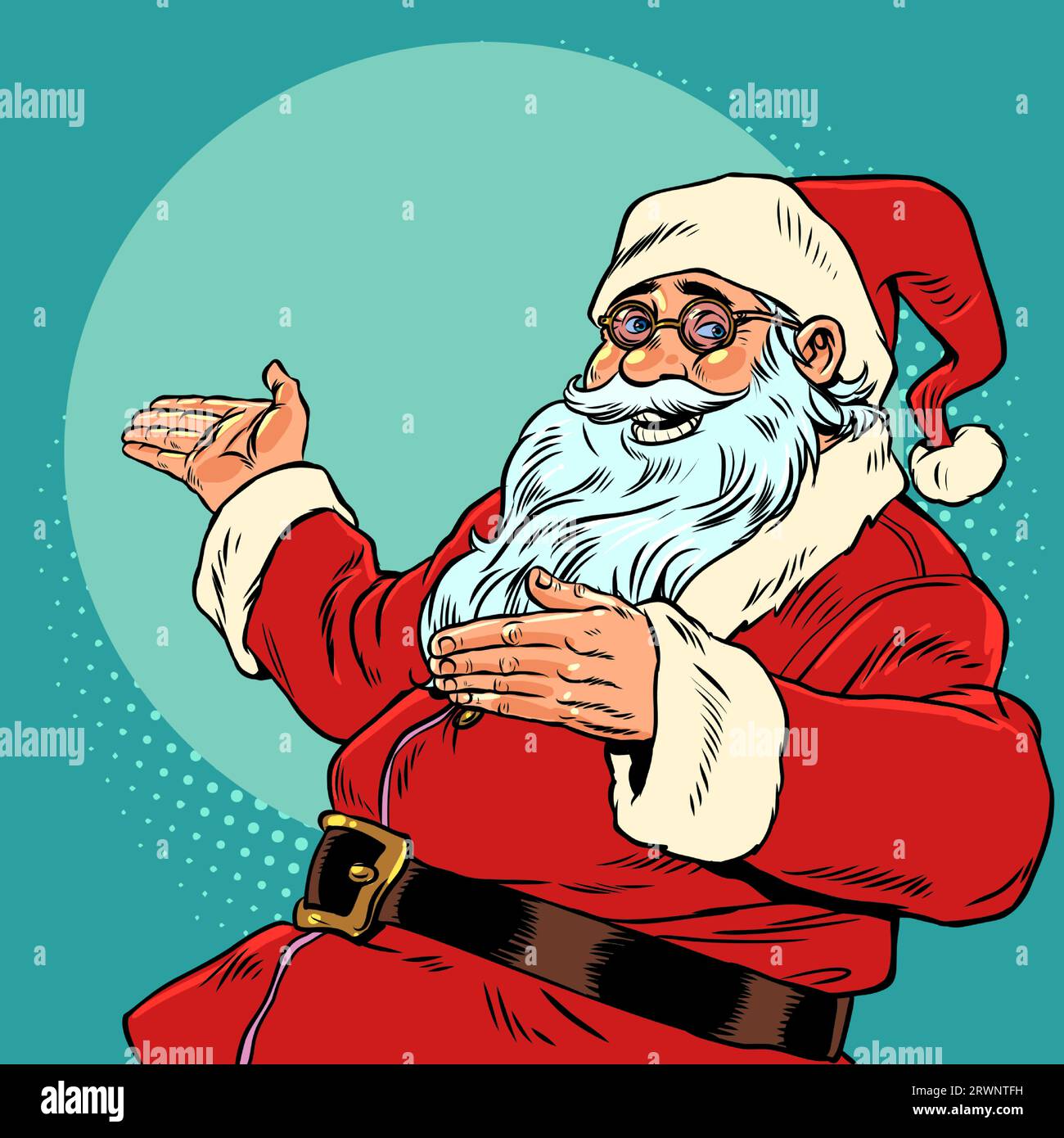 Indicazione di Natale Babbo Natale dalla mascotte stagionale. Babbo Natale mostra le mani in una direzione. Invito a celebrare il nuovo Illustrazione Vettoriale