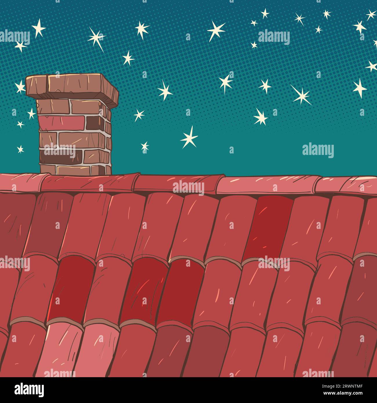 Cielo di Natale dal tetto di una casa con un camino. Atmosfera natalizia di sottofondo. Il tetto della casa di notte. Pop Art retro Illustrazione Vettoriale