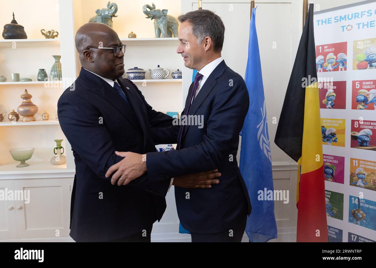 New York, USA. 20 settembre 2023. Il presidente della RDC Congo Felix Tshisekedi e il primo ministro Alexander De Croo, ritratti prima di un pranzo del primo ministro belga con il presidente della RDC Congo, nella residenza belga, a marge della 78a sessione dell'Assemblea generale delle Nazioni Unite (UNGA78), a New York, Stati Uniti d'America, mercoledì 20 settembre 2023. BELGA PHOTO BENOIT DOPPAGNE Credit: Belga News Agency/Alamy Live News Foto Stock