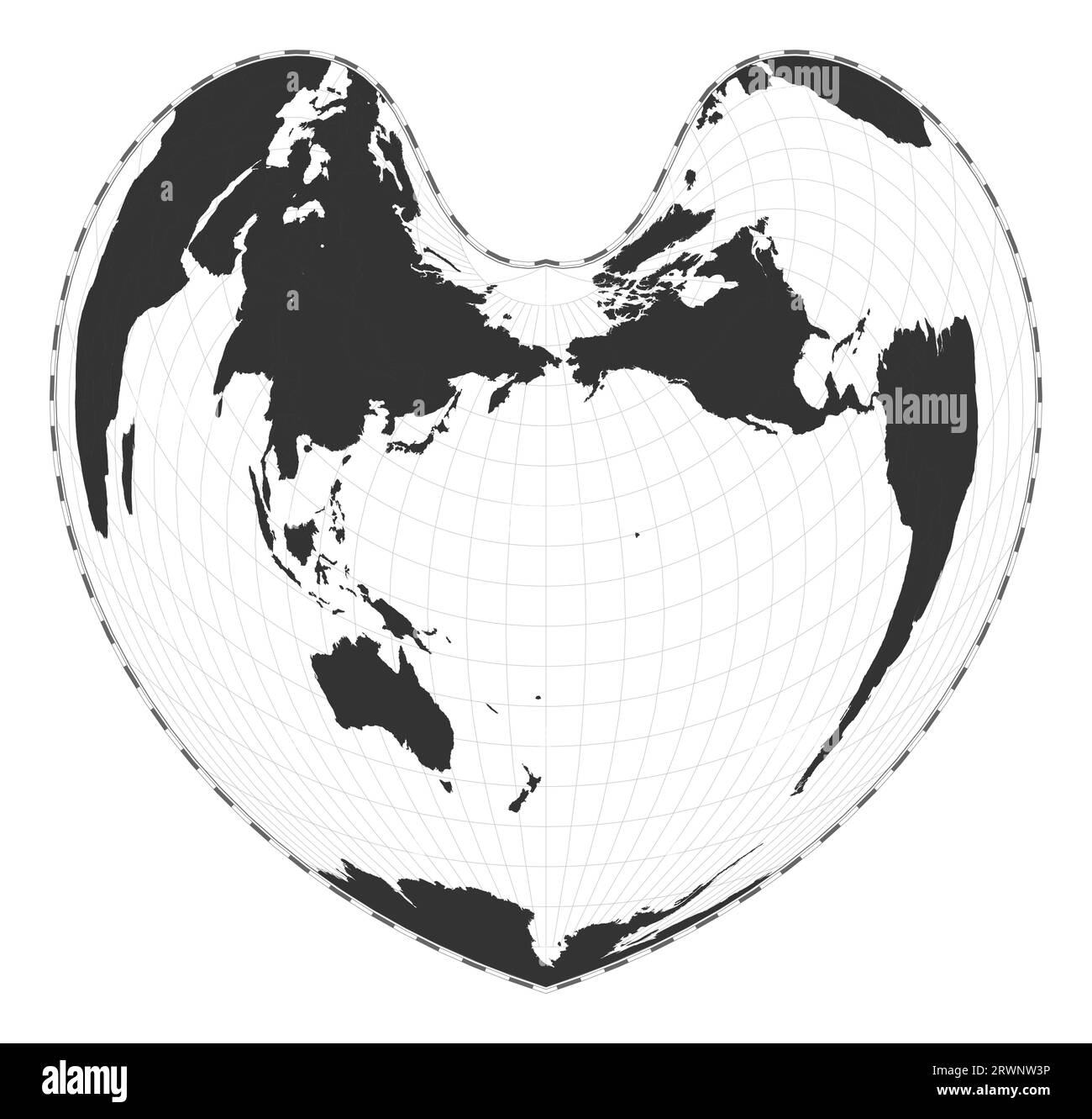 Mappa vettoriale del mondo. Proiezione pseudoconica a pari area di Bonne. Mappa geografica del mondo pianeggiante con linee di latitudine e longitudine. Illustrazione Vettoriale