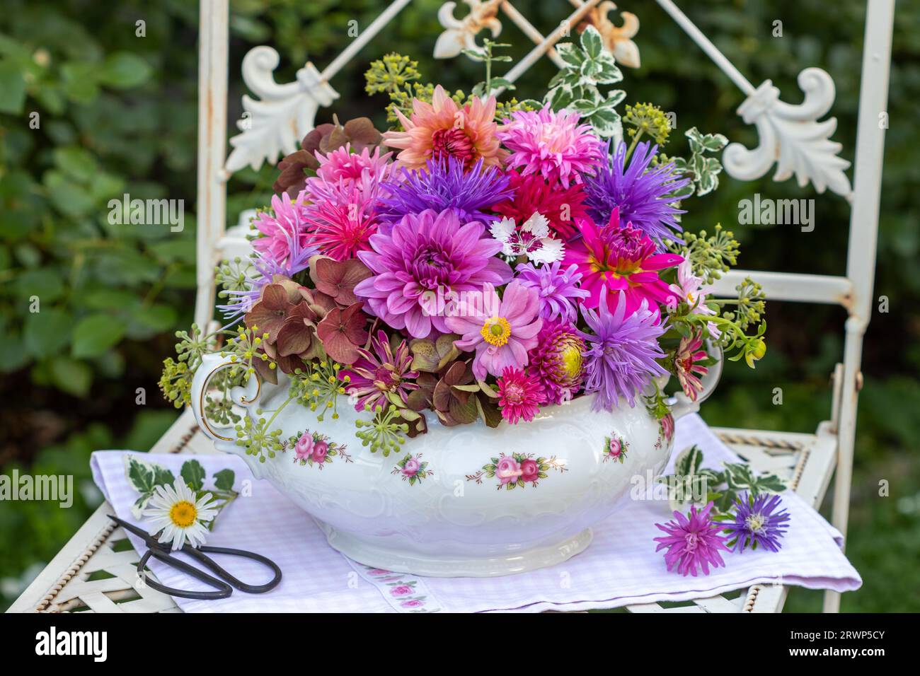 composizioni floreali con dahlias rosa e viola e assaggiatori in zuppa tureen vintage Foto Stock