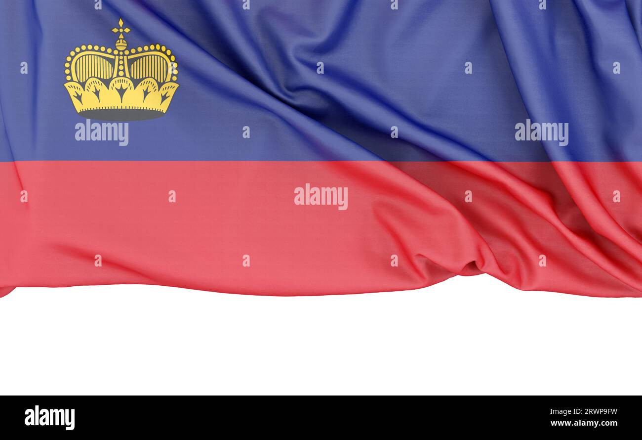 Bandiera del Liechtenstein isolata su sfondo bianco con spazio per la copia sottostante. Rendering 3D. Foto Stock