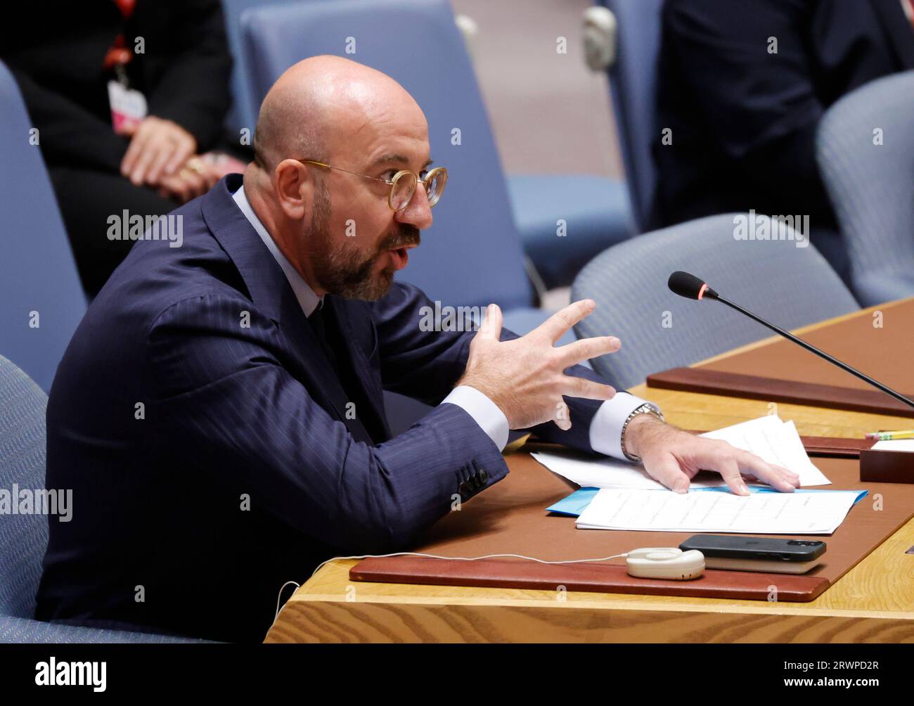New York, Stati Uniti. 20 settembre 2023. Il Presidente del Consiglio europeo Charles Michel interviene alla riunione del Consiglio di sicurezza delle Nazioni Unite per sostenere gli scopi e i principi della carta delle Nazioni Unite attraverso un multilateralismo efficace, il mantenimento della pace e della sicurezza dell'Ucraina durante la 78a sessione del dibattito generale presso la sede delle Nazioni Unite mercoledì, 20 settembre 2023 a New York. Foto di John Angelillo/UPI Credit: UPI/Alamy Live News Foto Stock
