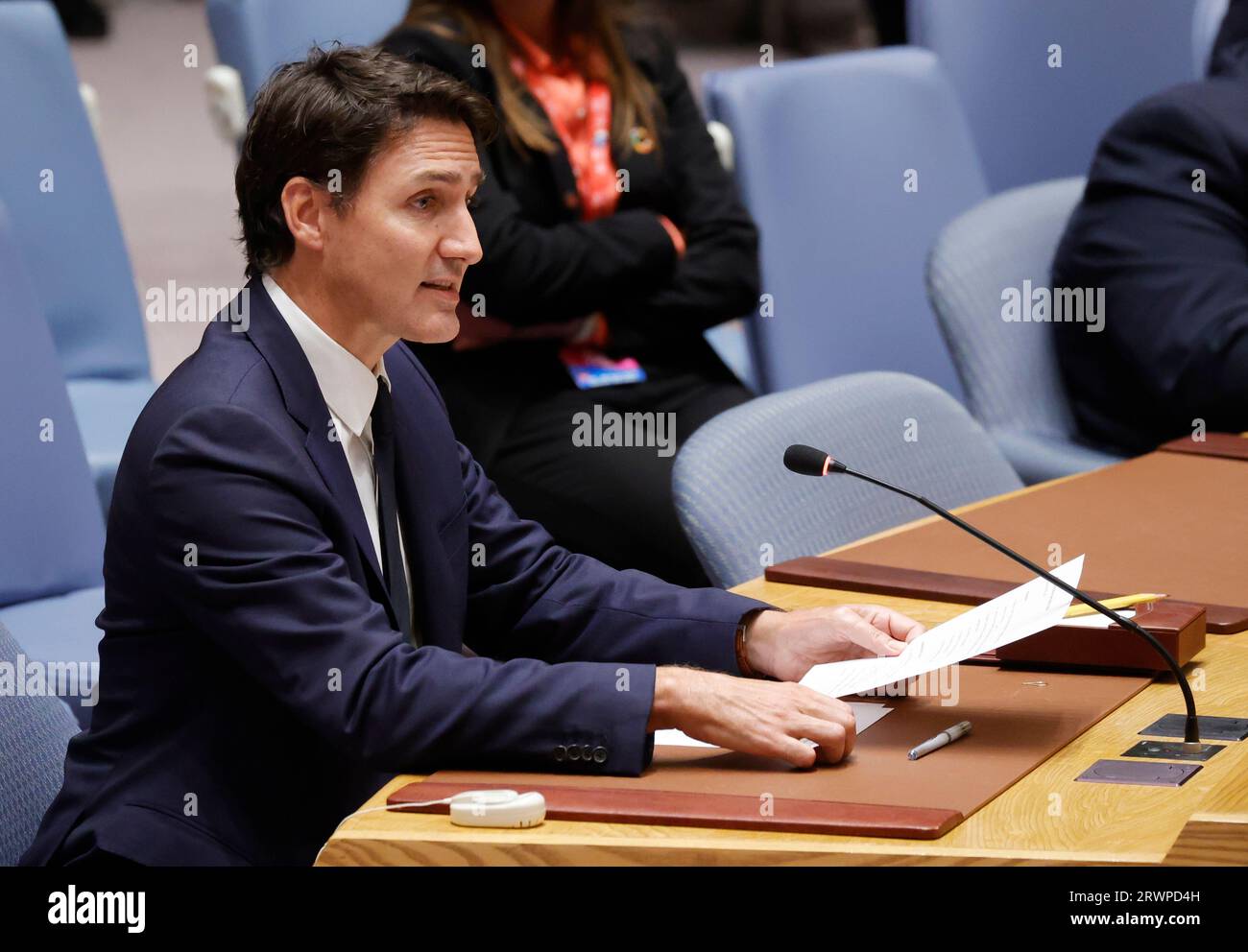 New York, Stati Uniti. 20 settembre 2023. Il primo ministro canadese Justin Trudeau interviene alla riunione del Consiglio di sicurezza delle Nazioni Unite per sostenere gli scopi e i principi della carta delle Nazioni Unite attraverso un multilateralismo efficace, il mantenimento della pace e della sicurezza dell'Ucraina durante la 78a sessione del dibattito generale presso la sede delle Nazioni Unite mercoledì 20 settembre, 2023 a New York. Foto di John Angelillo/UPI Credit: UPI/Alamy Live News Foto Stock