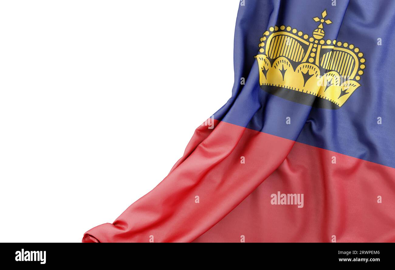 Bandiera del Liechtenstein con spazio vuoto sulla sinistra. Isolato. Rendering 3D. Foto Stock