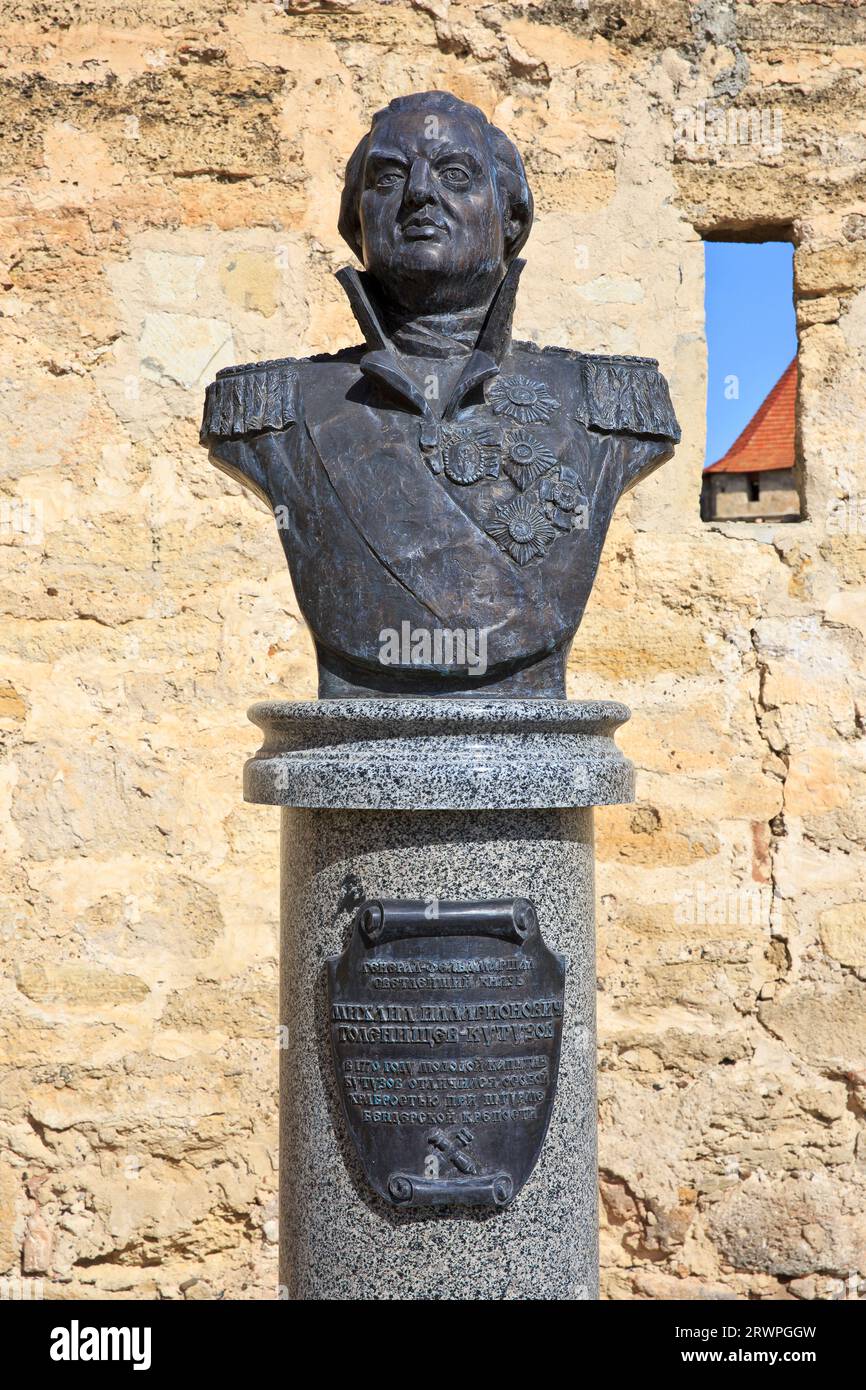 Busto del feldmaresciallo russo Mikhail Kutuzov (1745-1813) nella fortezza di Tighina a Bender (Transnistria), Moldavia Foto Stock