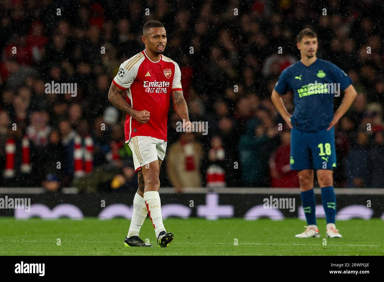 Londra, Regno Unito. 20 settembre 2023. LONDRA, REGNO UNITO - 20 SETTEMBRE: Gabriel Jesus dell'Arsenal festeggia il terzo gol della squadra durante la partita di UEFA Champions League gruppo B tra Arsenal e PSV all'Emirates Stadion il 20 settembre 2023 a Londra, Regno Unito. (Foto di Hans van der Valk/Orange Pictures) credito: Orange Pics BV/Alamy Live News Foto Stock