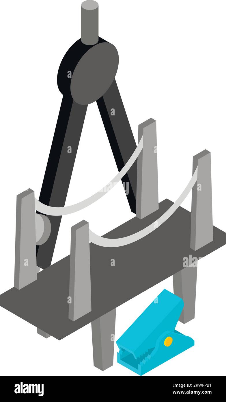 Icona del progetto Bridge vettore isometrico. Modello a ponte e bussola di disegno di grandi dimensioni. Progettazione e costruzione Illustrazione Vettoriale