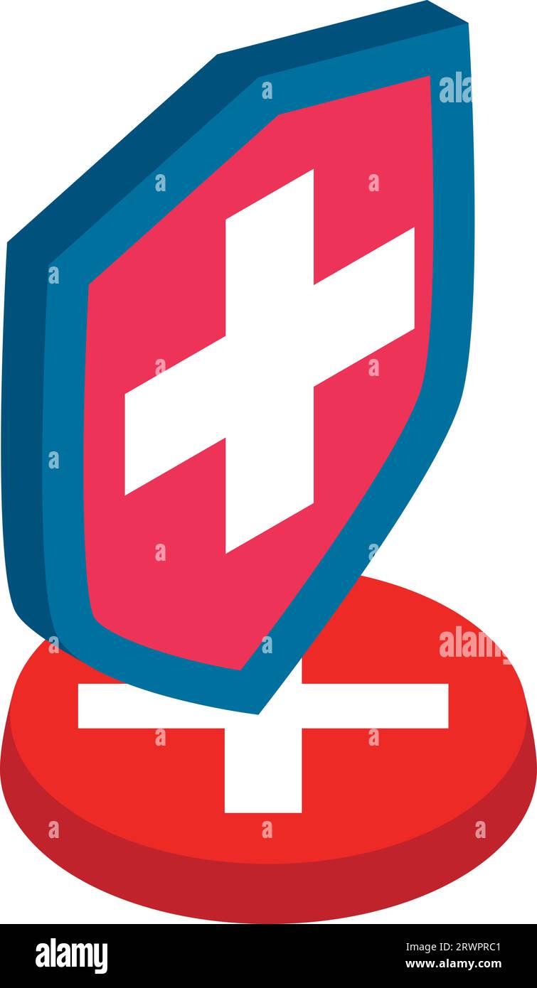 Icona non protetta vettore isometrico. Scudo con croce bianca sull'icona rossa del pulsante. Garanzia, concetto di protezione Illustrazione Vettoriale