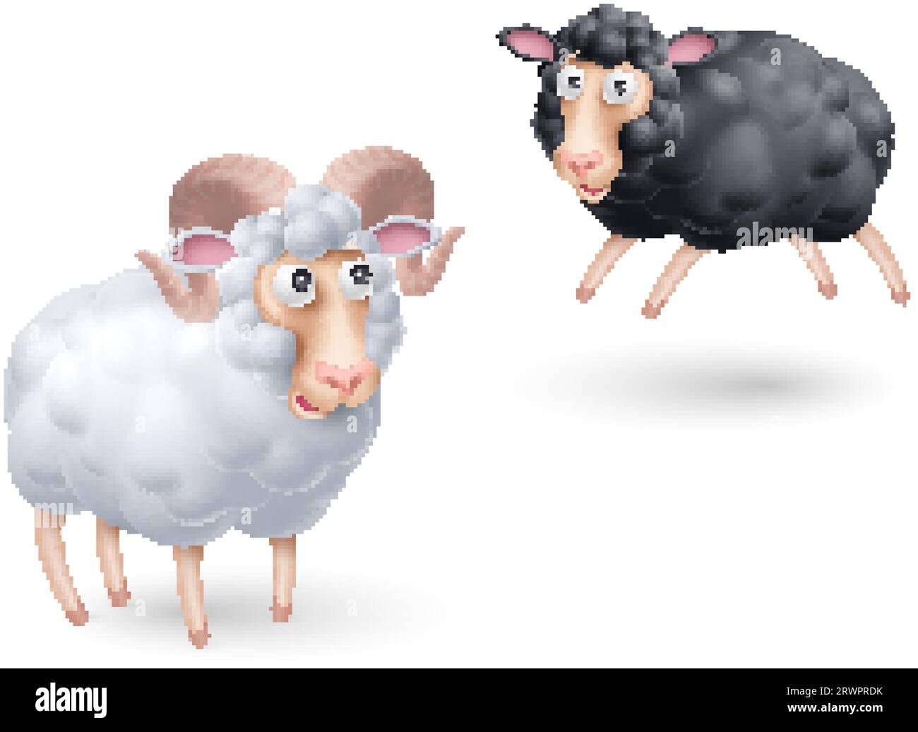 Simpatici e divertenti due personaggi delle pecore nere e bianche. Illustrazione del cartone animato di coppia di pecore su sfondo bianco. Modello perfetto per i progetti di eventi per bambini Illustrazione Vettoriale