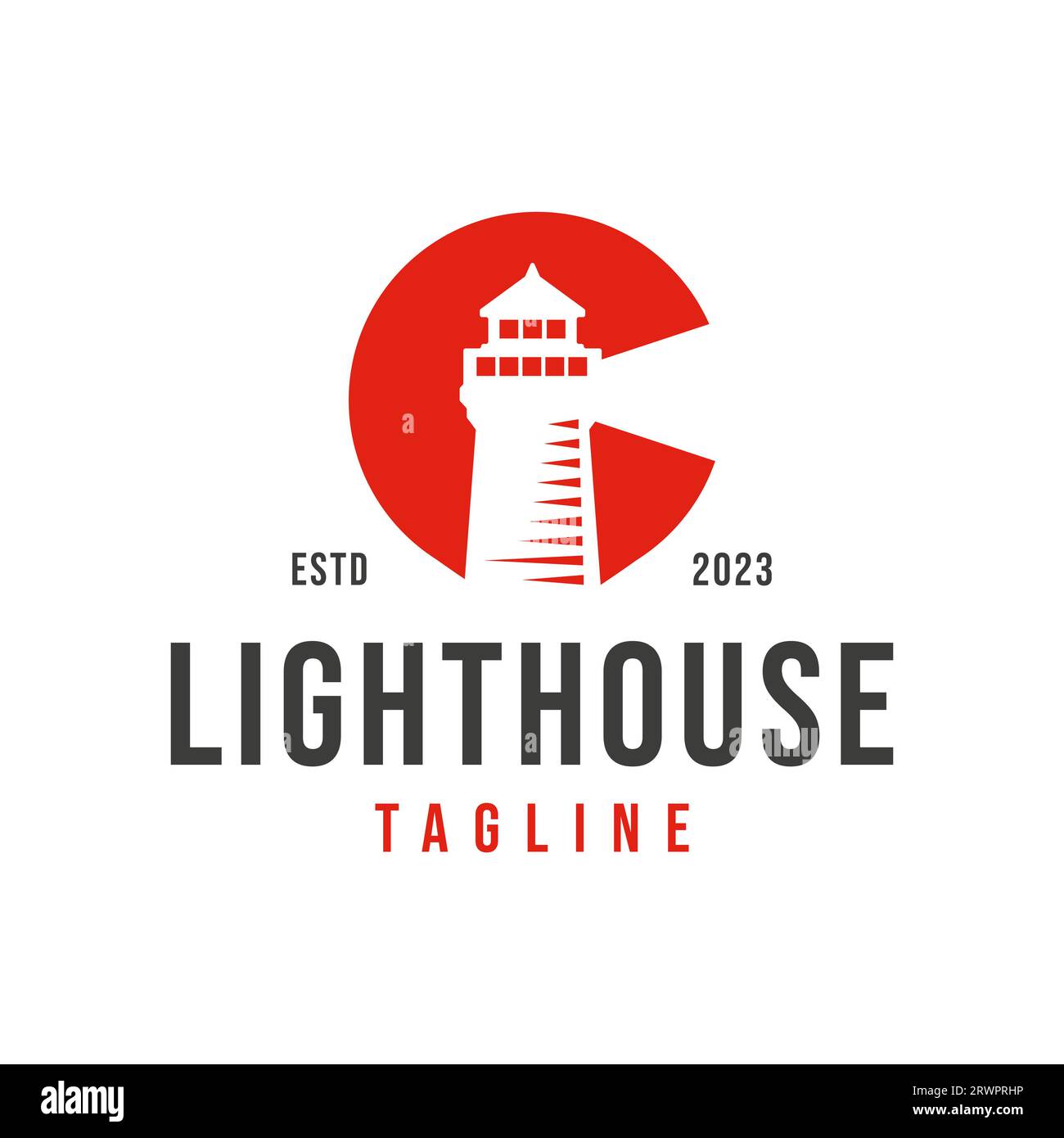 Edificio torre C con sorgente luminosa in alto, navigatore marino Lighthouse, logo Design Vector Illustrazione Vettoriale